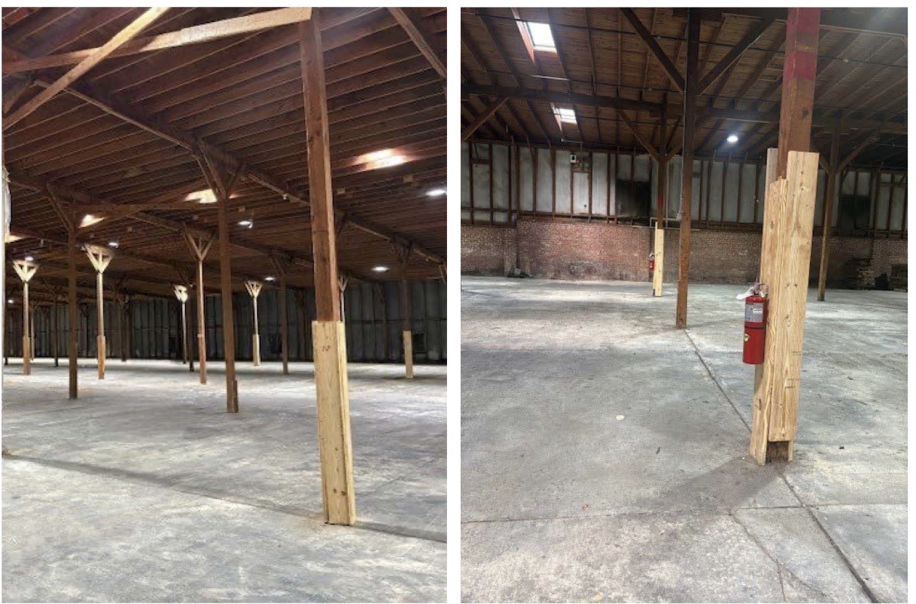Open interior with timber columns and skylights